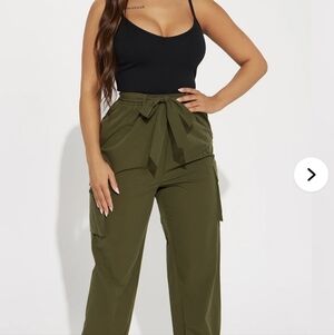 Almost Famous Olive  Jumpsuit Cargo Pants with Tie Waist Sz.L NWT